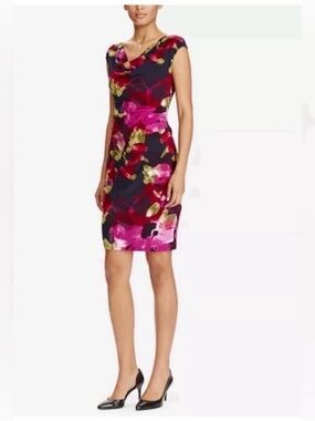 🩷 LAUREN RALPH LAUREN Pink and Black Floral Print Cowl Neck Dress - Size 8
